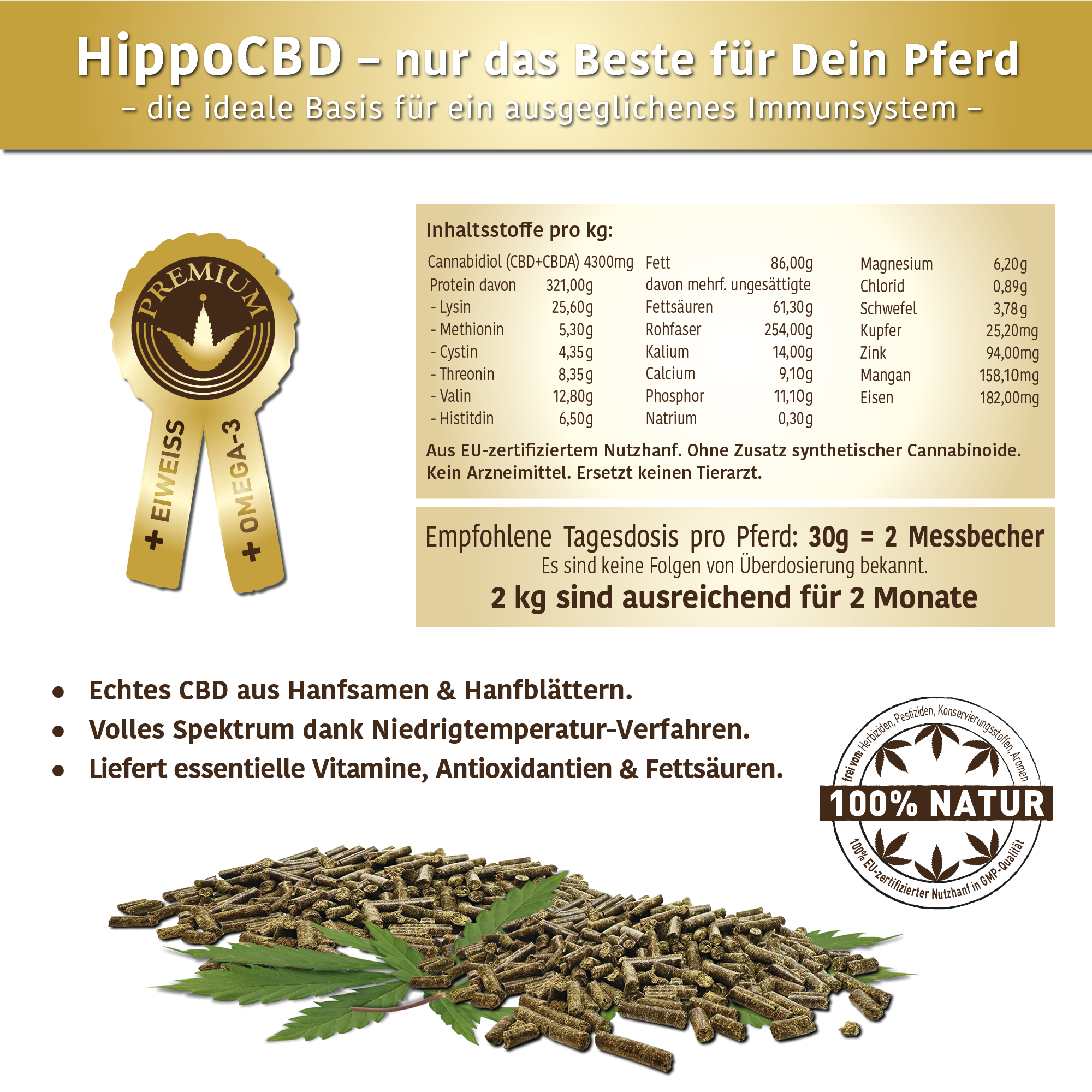 HippoCBD® Premium - Hanfpellets für Pferde