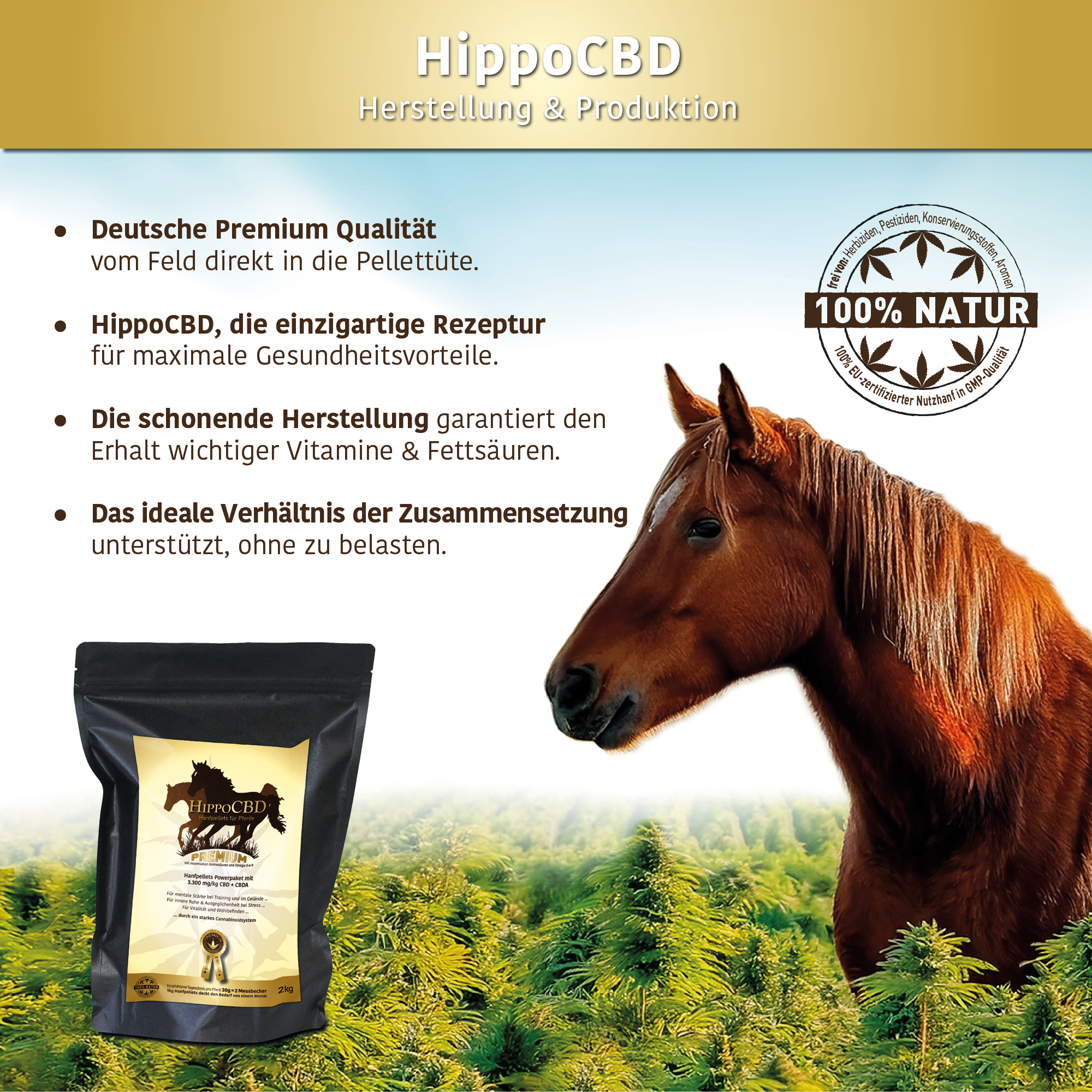 HippoCBD® Premium - Hanfpellets für Pferde